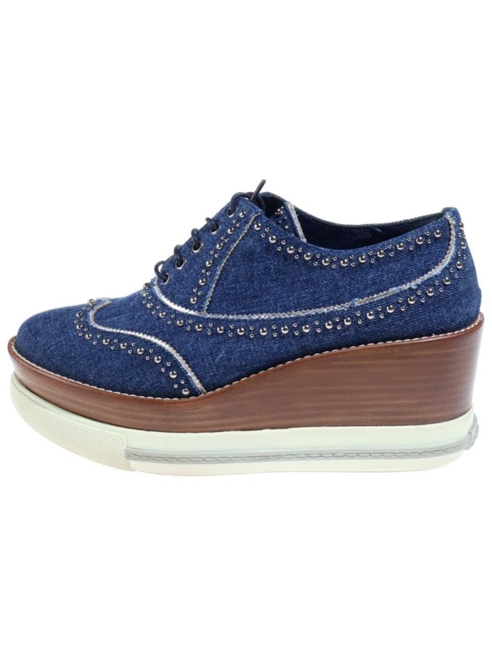 Miu Miu Studded Decoration Wood Sole Heels Denim Platform Sneakers Indigo